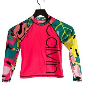 Calvin Klein Girls Rash Guard Swimsuit‎ Top Size S Multicolor UV Protection